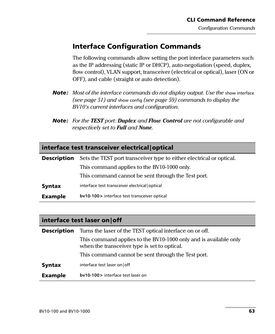 Interface test laser on|off, Interface test transceiver electrical|optical, Interface configuration commands | EXFO BV10 Performance Endpoint Unit User Manual | Page 69 / 116