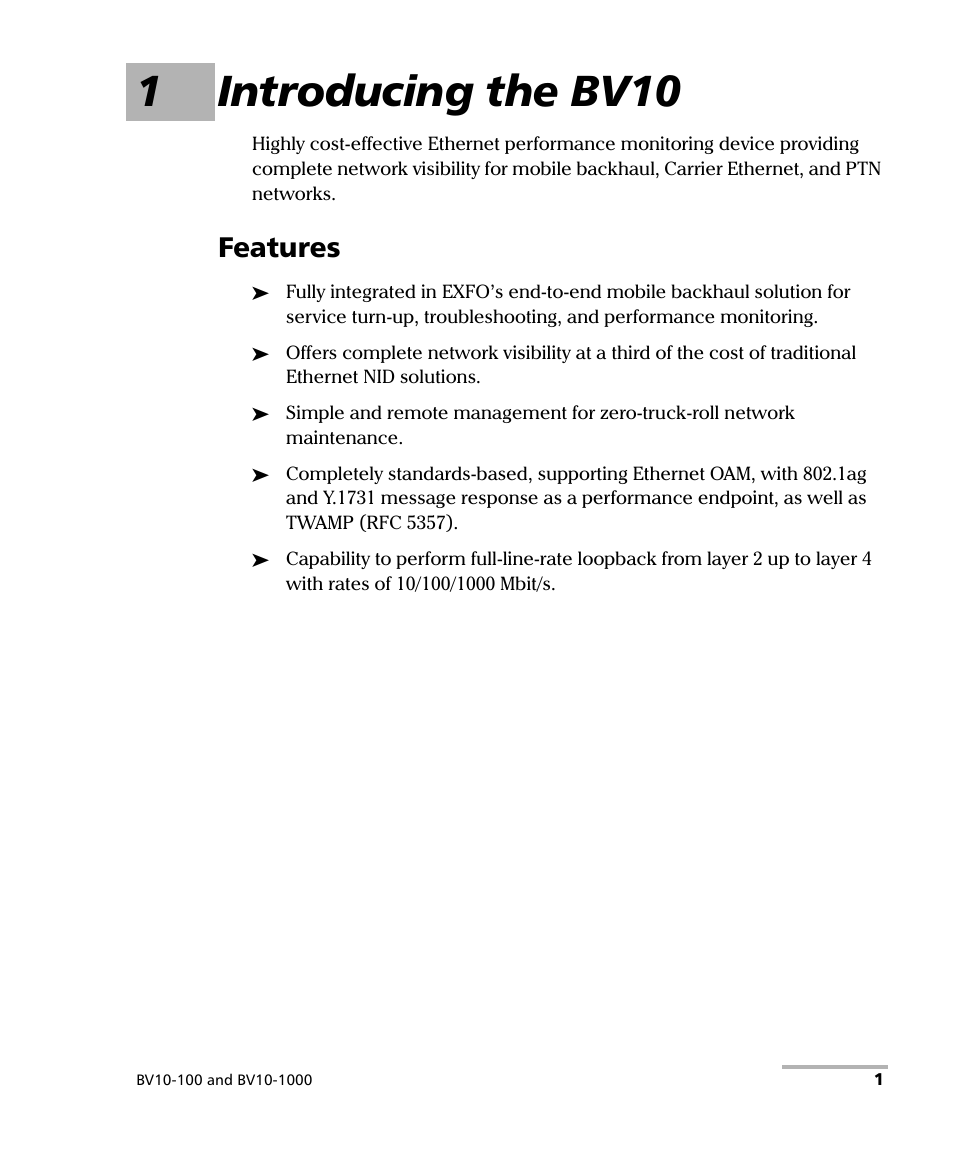 1 introducing the bv10, Features, 1introducing the bv10 | EXFO BV10 Performance Endpoint Unit User Manual | Page 7 / 116