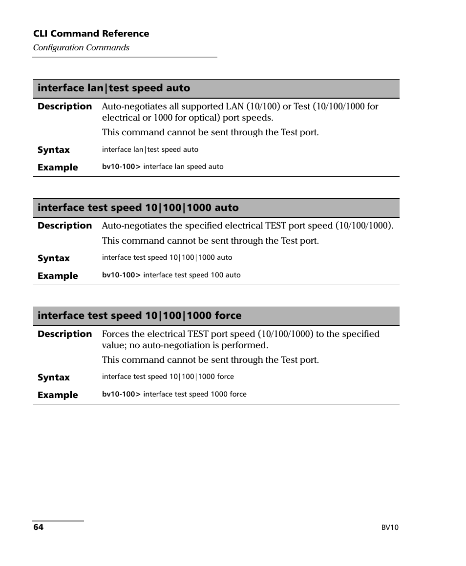 Interface lan|test speed auto, Interface test speed 10|100|1000 auto, Interface test speed 10|100|1000 force | EXFO BV10 Performance Endpoint Unit User Manual | Page 70 / 116