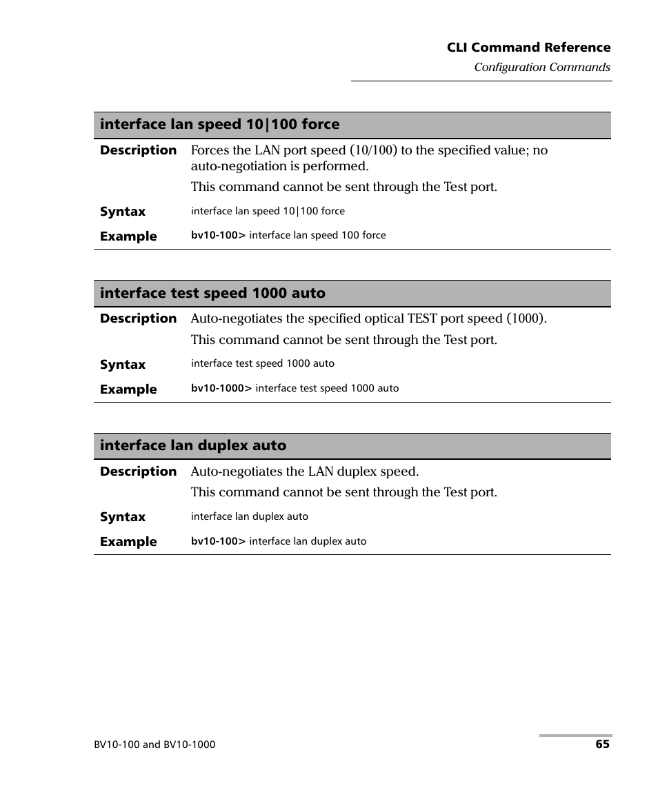 Interface lan duplex auto, Interface lan speed 10|100 force, Interface test speed 1000 auto | EXFO BV10 Performance Endpoint Unit User Manual | Page 71 / 116