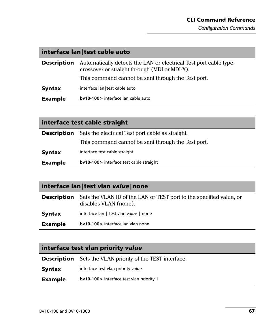 Interface lan|test cable auto, Interface lan|test vlan value|none, Interface test cable straight | Interface test vlan priority value | EXFO BV10 Performance Endpoint Unit User Manual | Page 73 / 116