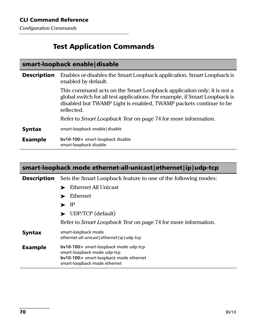Smart-loopback enable|disable, Test application commands | EXFO BV10 Performance Endpoint Unit User Manual | Page 76 / 116