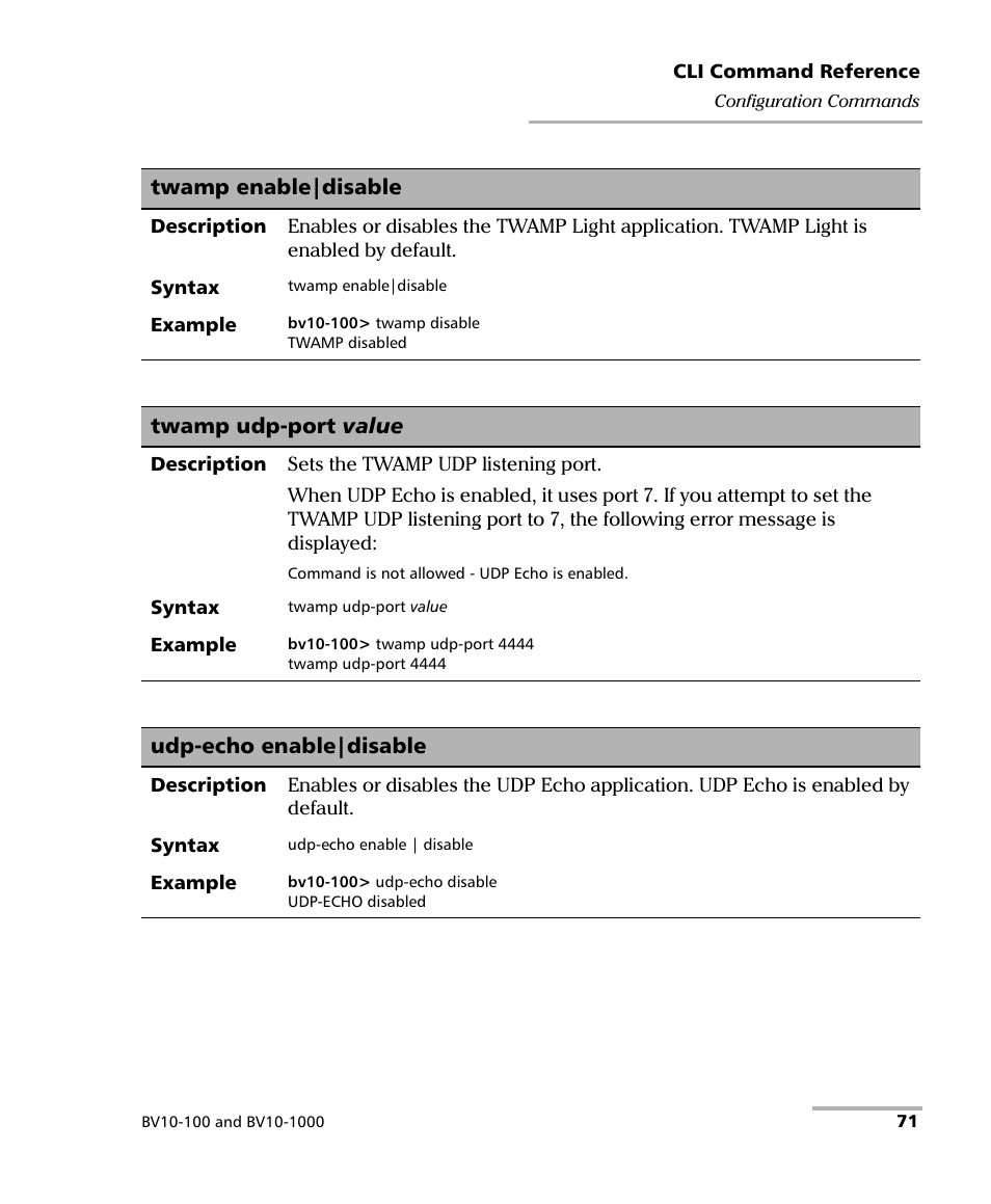 Twamp enable|disable, Twamp udp-port value, Udp-echo enable|disable | EXFO BV10 Performance Endpoint Unit User Manual | Page 77 / 116