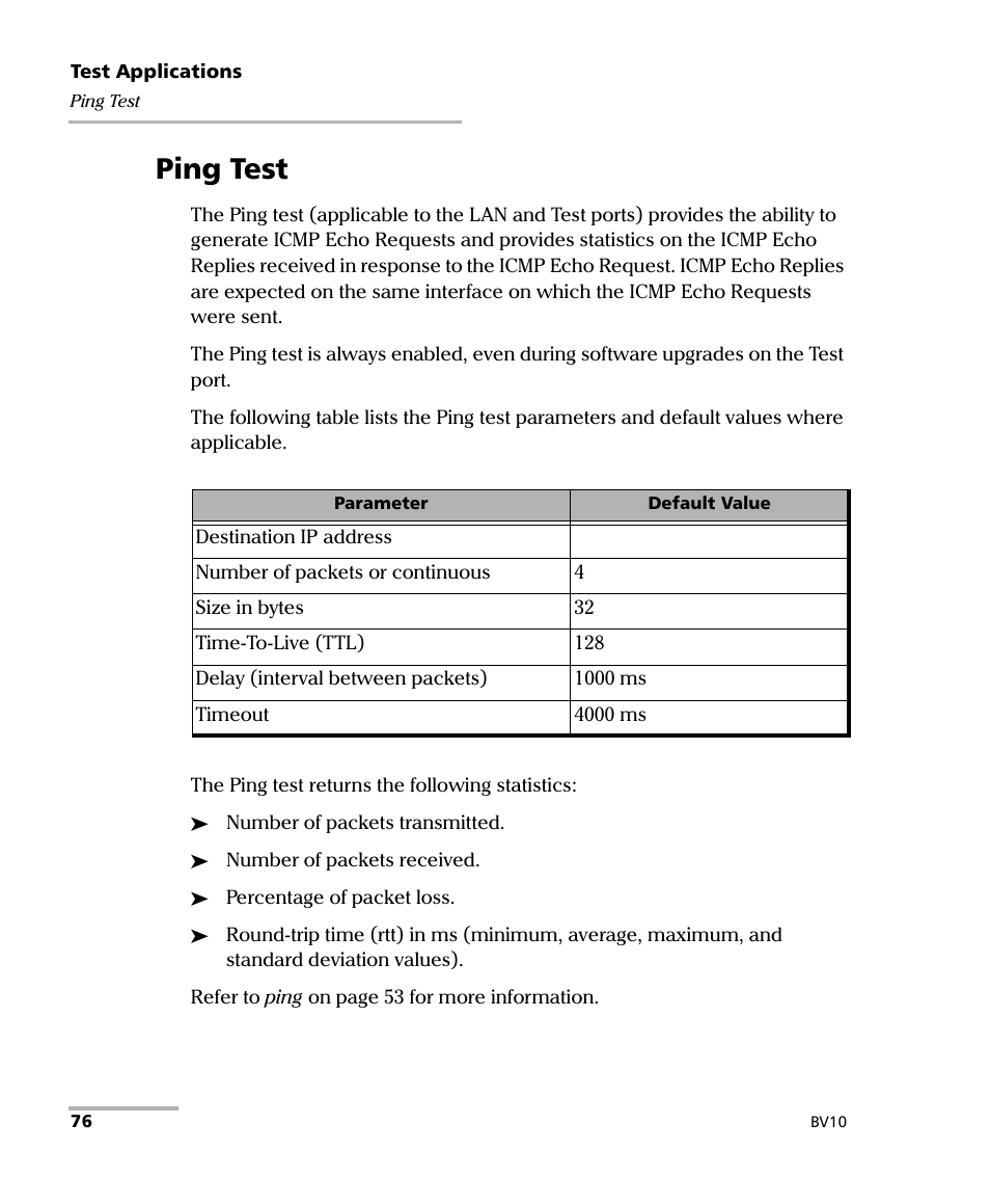 Ping test | EXFO BV10 Performance Endpoint Unit User Manual | Page 82 / 116