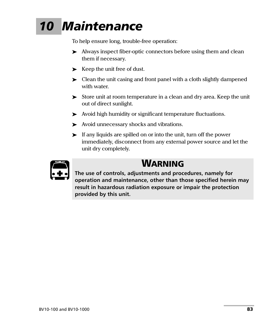 10 maintenance, Arning | EXFO BV10 Performance Endpoint Unit User Manual | Page 89 / 116