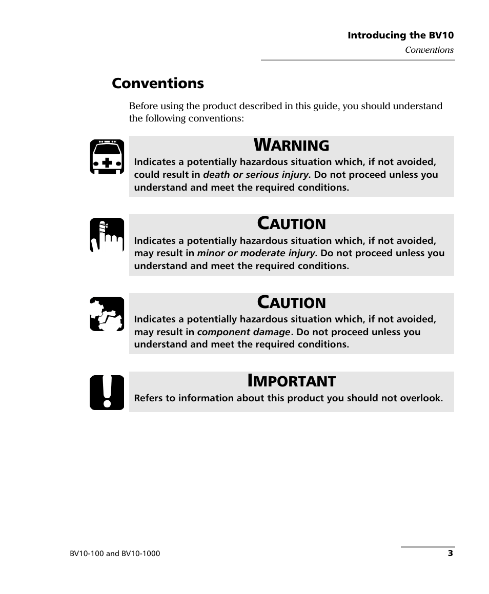 Conventions, Arning, Aution | Mportant | EXFO BV10 Performance Endpoint Unit User Manual | Page 9 / 116