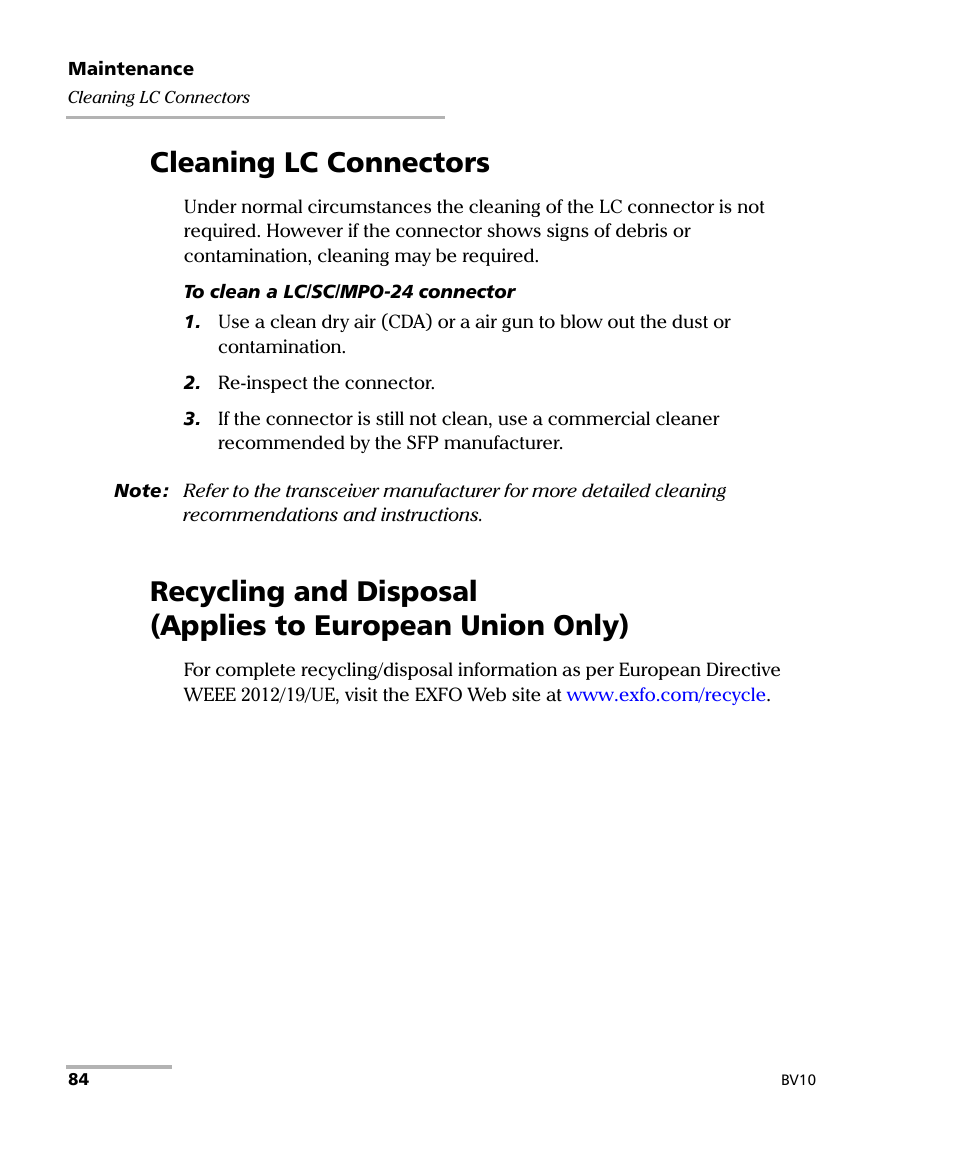 Cleaning lc connectors | EXFO BV10 Performance Endpoint Unit User Manual | Page 90 / 116