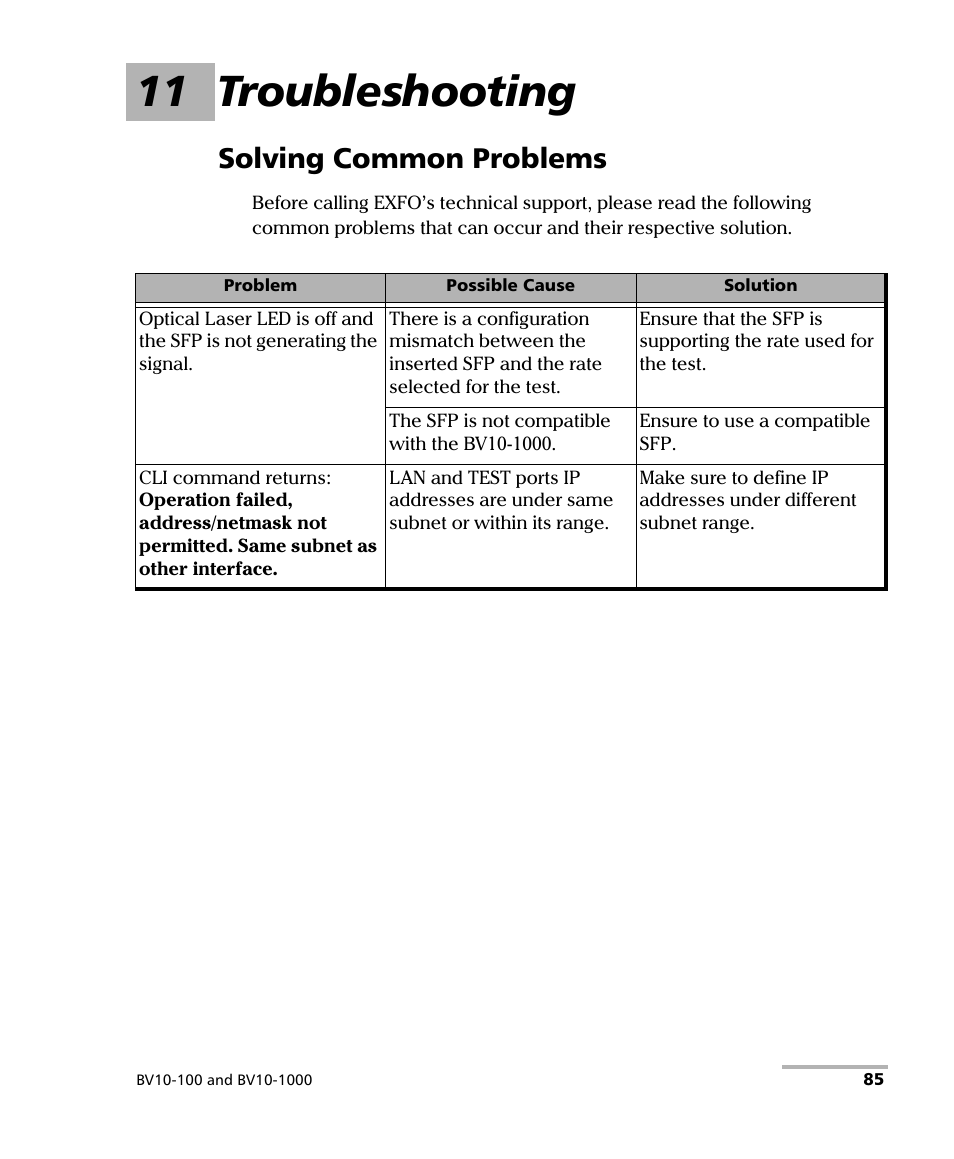 11 troubleshooting, Solving common problems | EXFO BV10 Performance Endpoint Unit User Manual | Page 91 / 116