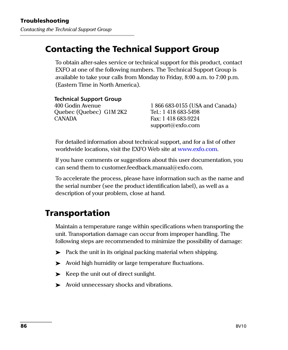 Contacting the technical support group, Transportation | EXFO BV10 Performance Endpoint Unit User Manual | Page 92 / 116