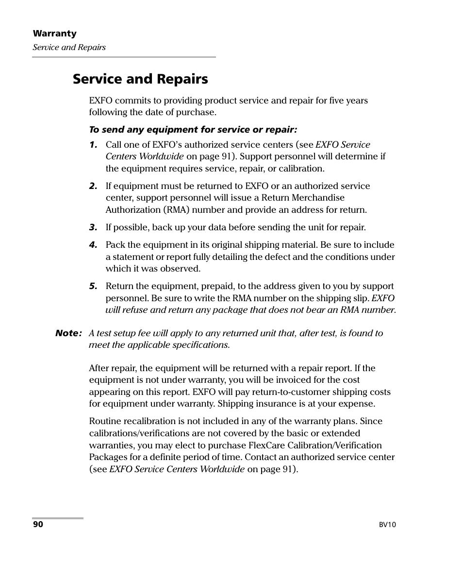 Service and repairs | EXFO BV10 Performance Endpoint Unit User Manual | Page 96 / 116