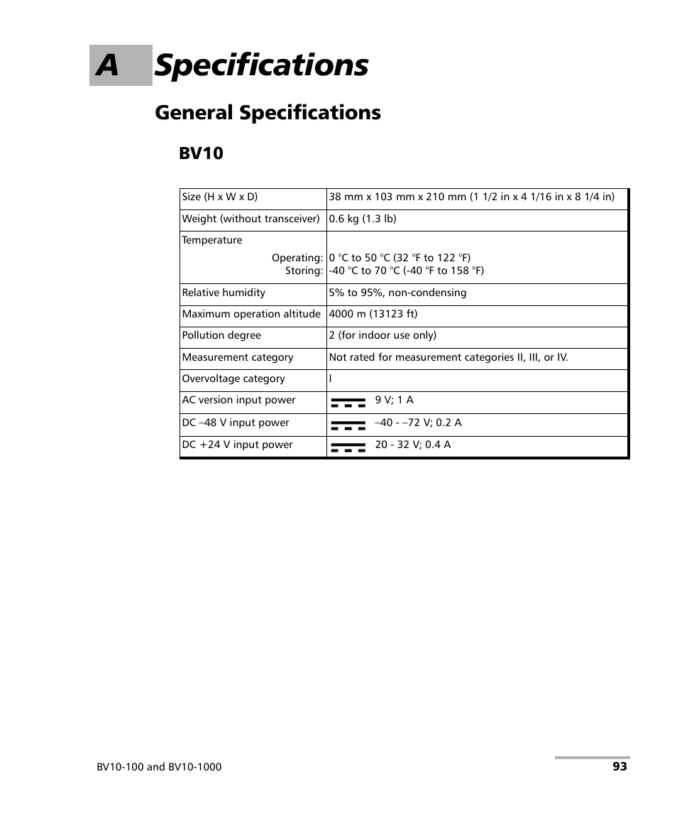 A specifications, General specifications, Bv10 | EXFO BV10 Performance Endpoint Unit User Manual | Page 99 / 116