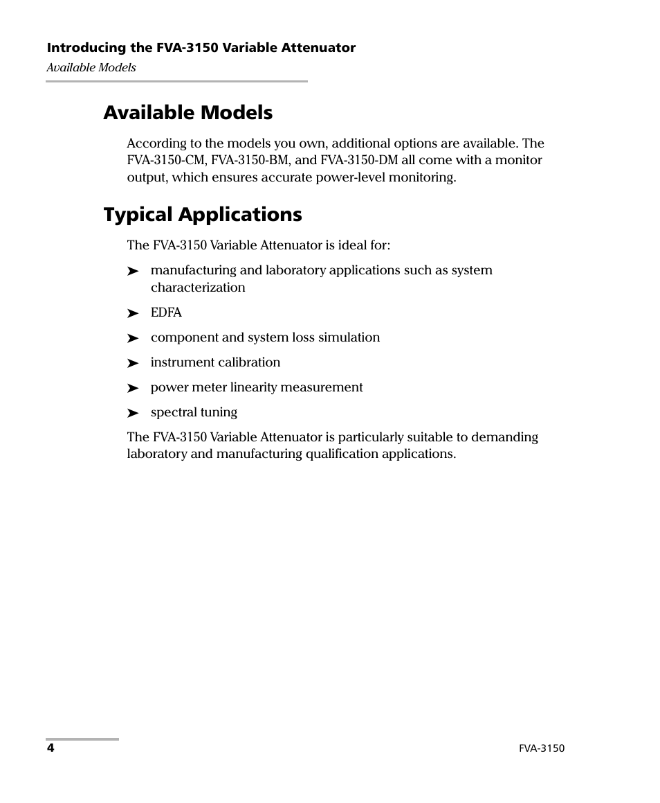 Available models, Typical applications, Available models typical applications | EXFO FVA-3150 Variable Attenuator User Manual | Page 10 / 115