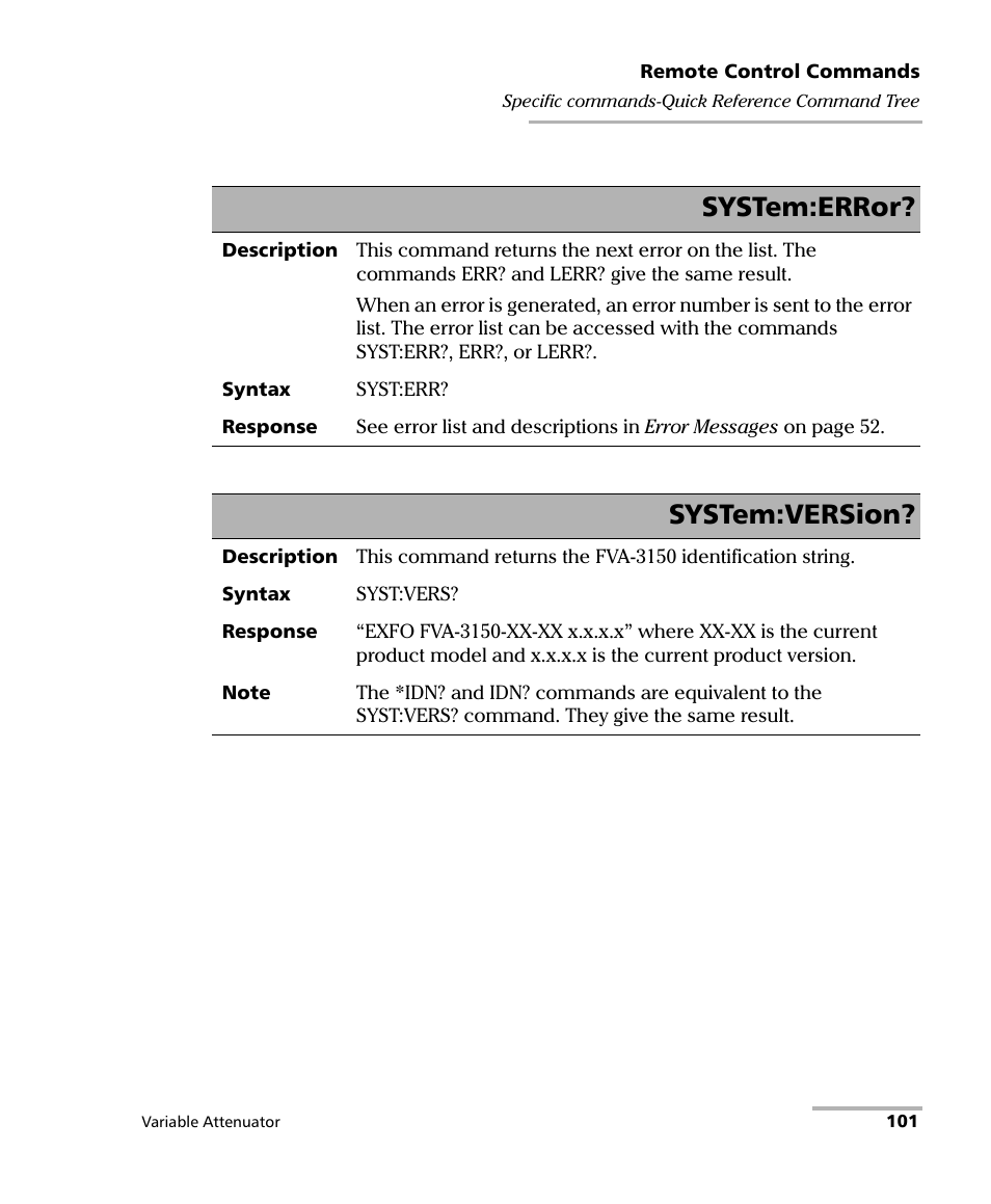System:error, System:version | EXFO FVA-3150 Variable Attenuator User Manual | Page 107 / 115