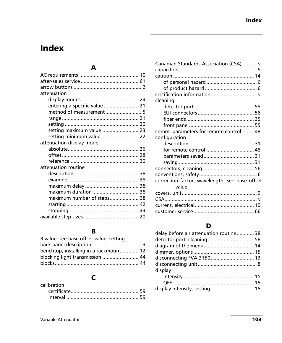 Index | EXFO FVA-3150 Variable Attenuator User Manual | Page 109 / 115