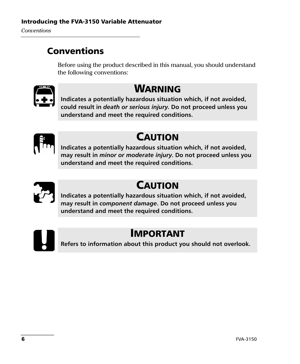 Conventions, Arning, Aution | Mportant | EXFO FVA-3150 Variable Attenuator User Manual | Page 12 / 115