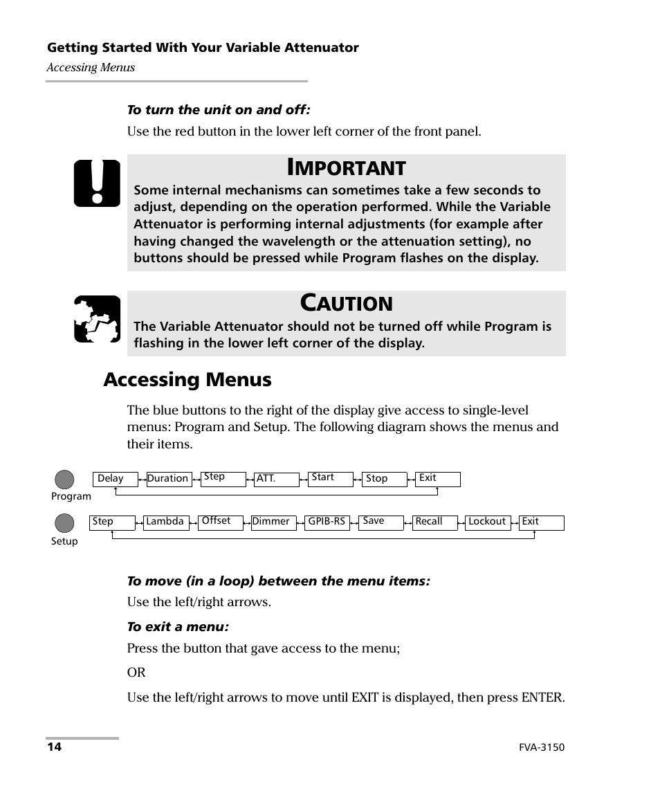 Accessing menus, Mportant, Aution | EXFO FVA-3150 Variable Attenuator User Manual | Page 20 / 115