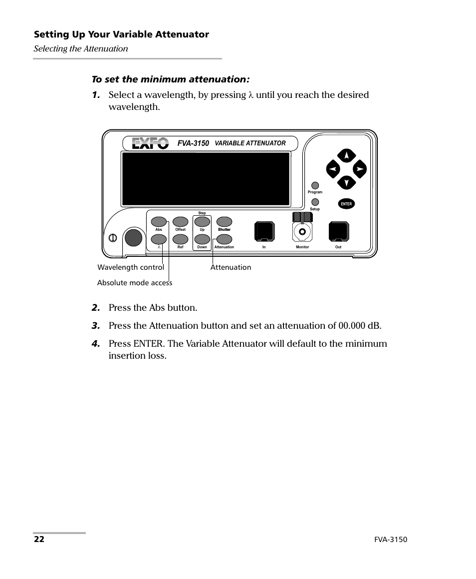 Setting up your variable attenuator, Selecting the attenuation | EXFO FVA-3150 Variable Attenuator User Manual | Page 28 / 115