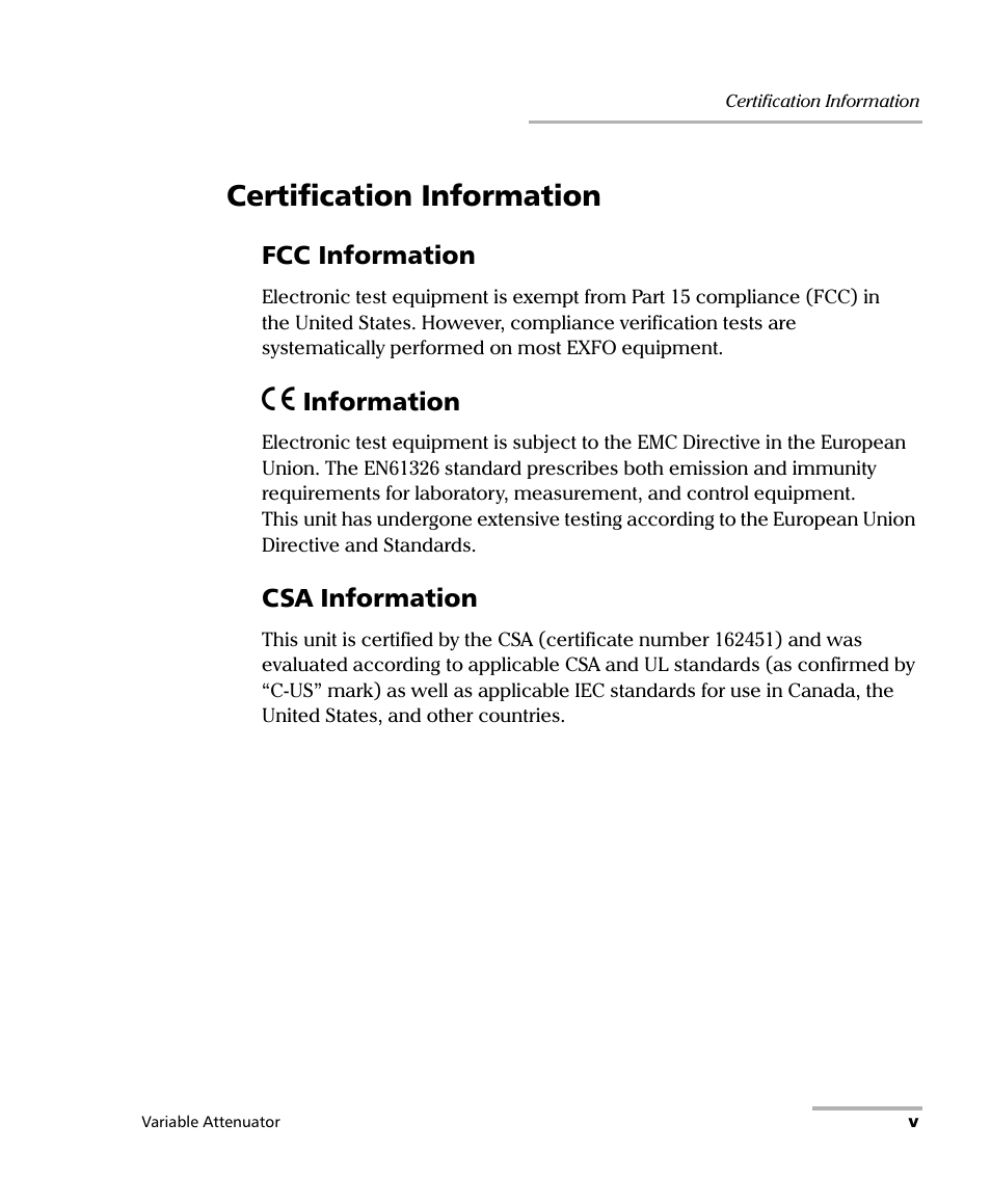 Certification information | EXFO FVA-3150 Variable Attenuator User Manual | Page 5 / 115