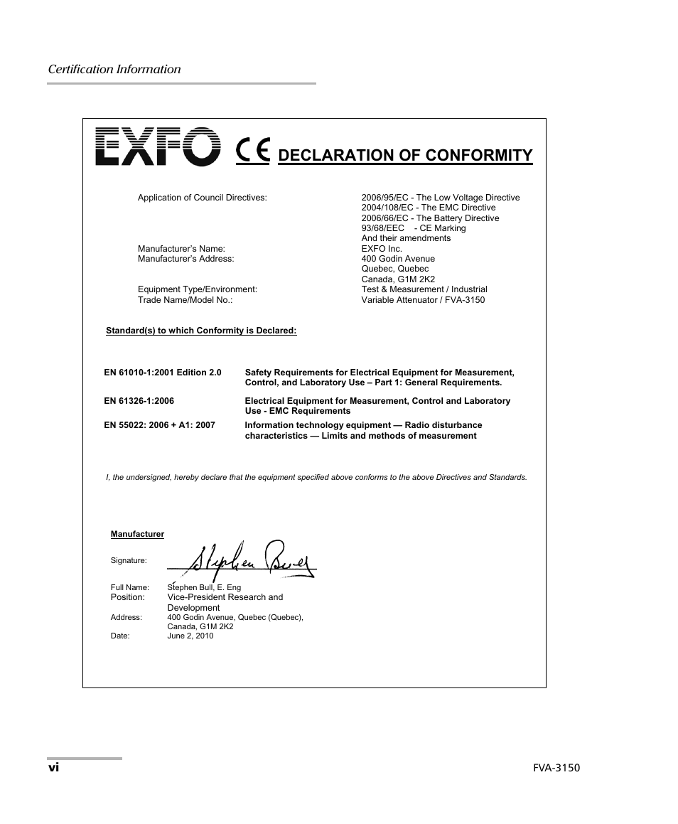 Declaration of conformity, Certification information | EXFO FVA-3150 Variable Attenuator User Manual | Page 6 / 115