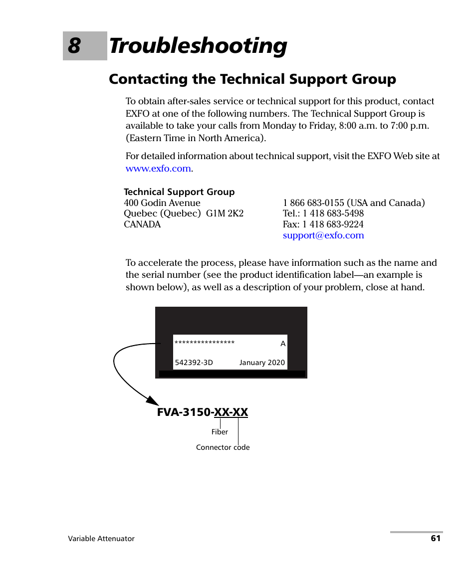 8 troubleshooting, Contacting the technical support group, 8troubleshooting | Fva-3150-xx-xx | EXFO FVA-3150 Variable Attenuator User Manual | Page 67 / 115