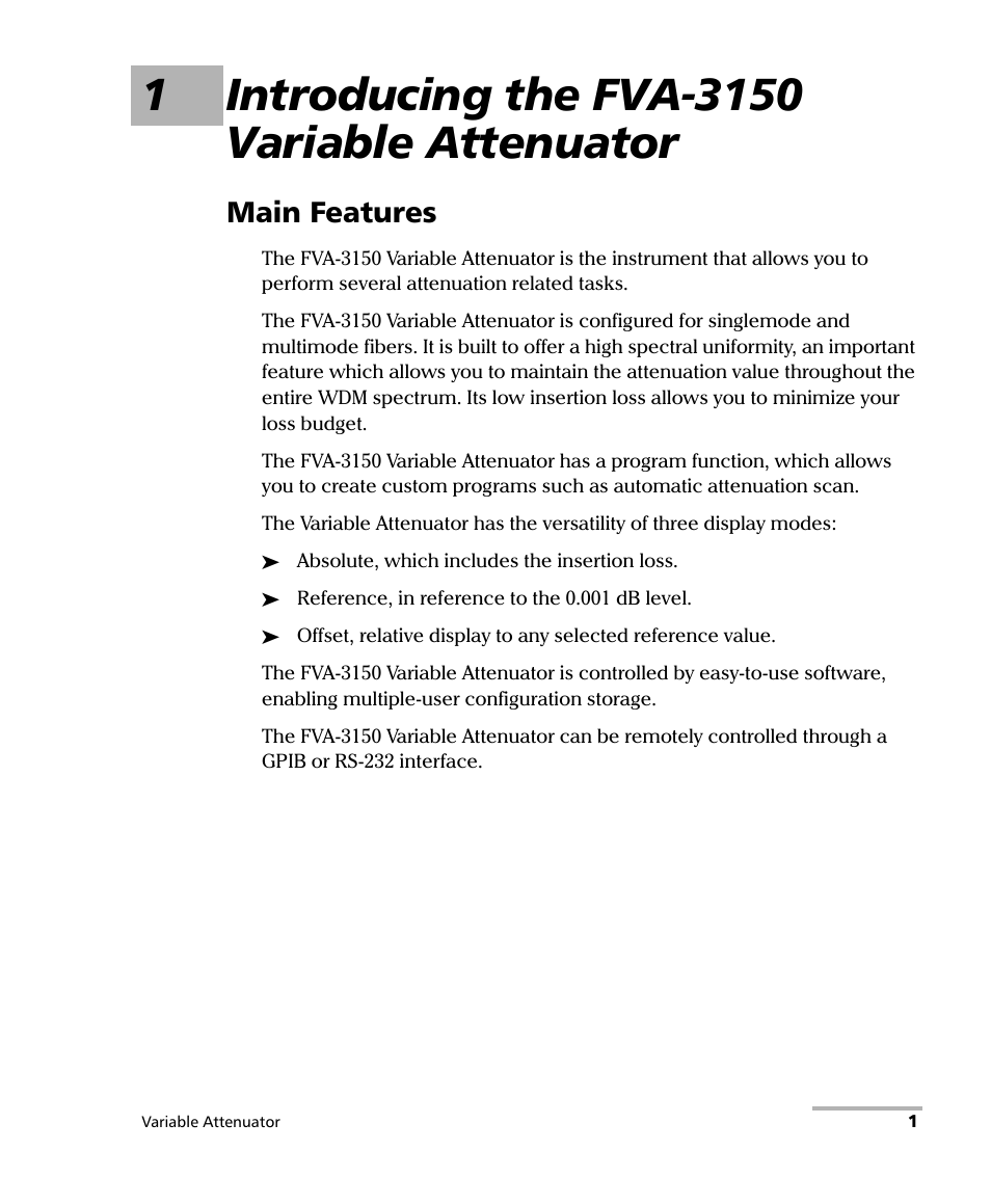 1 introducing the fva-3150 variable attenuator, Main features | EXFO FVA-3150 Variable Attenuator User Manual | Page 7 / 115