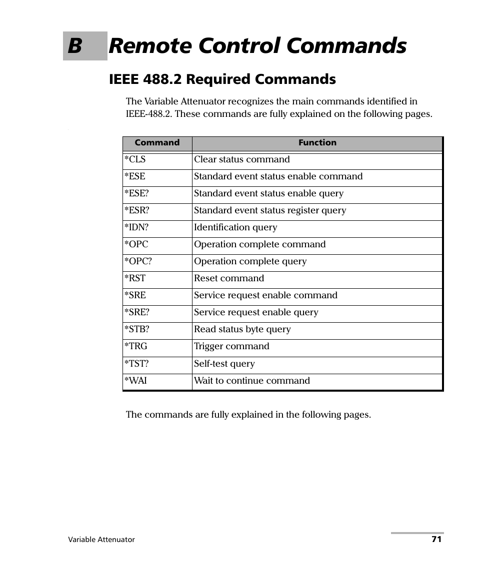 B remote control commands, Ieee 488.2 required commands | EXFO FVA-3150 Variable Attenuator User Manual | Page 77 / 115