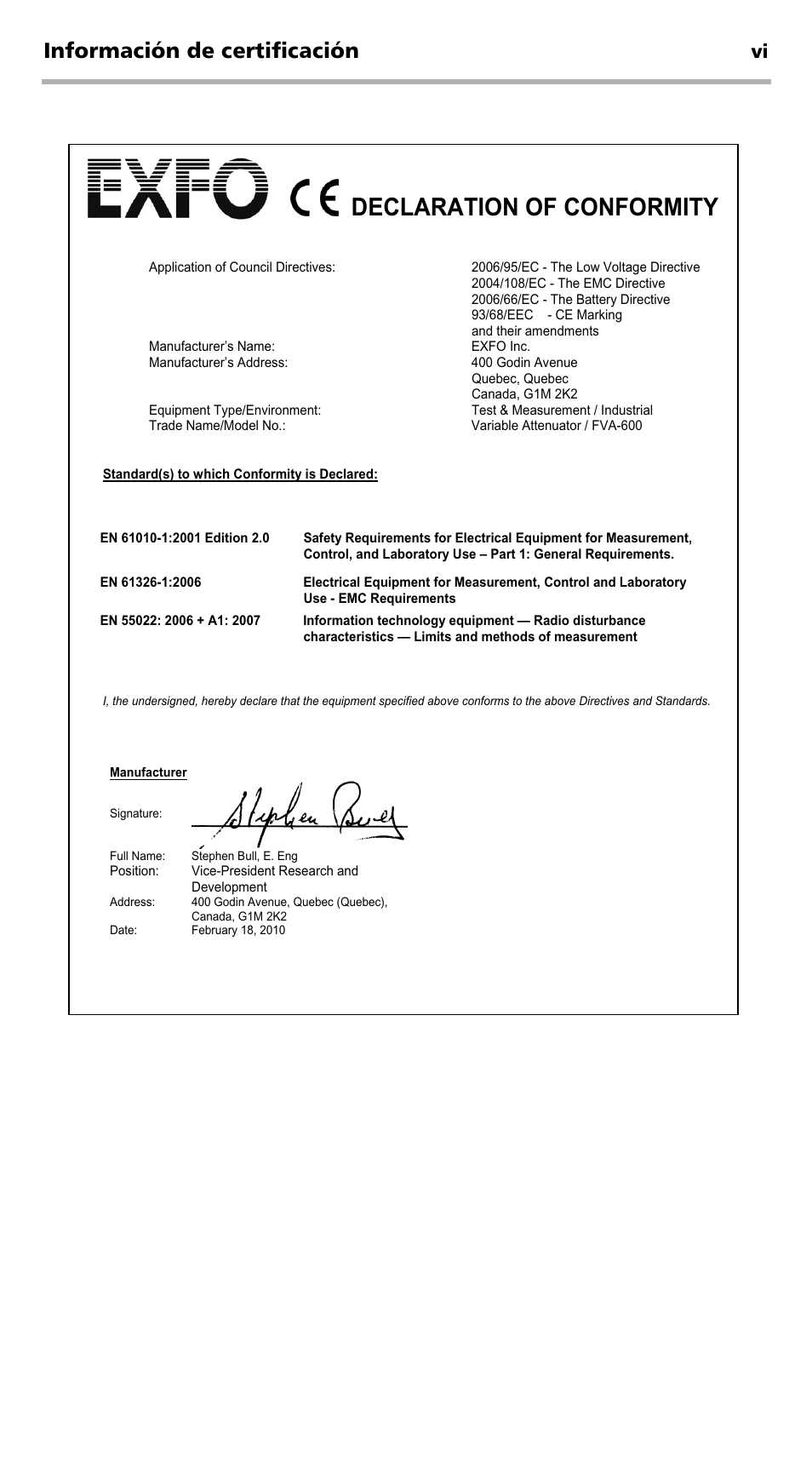 Declaration of conformity, Información de certificación | EXFO FVA-600 User Manual | Page 112 / 215