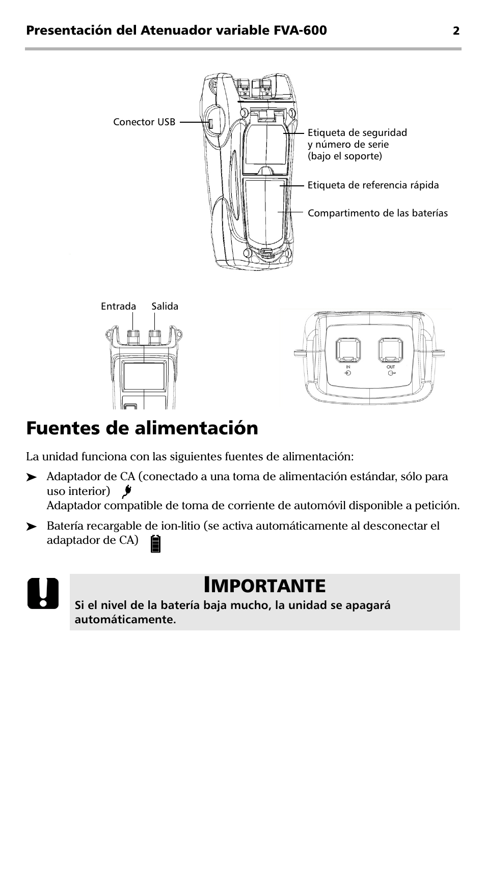Fuentes de alimentación, Mportante | EXFO FVA-600 User Manual | Page 114 / 215