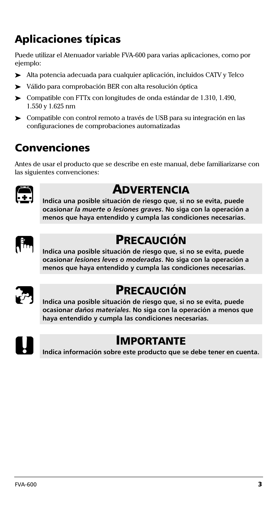 Aplicaciones típicas, Convenciones, Aplicaciones típicas convenciones | Dvertencia, Recaución, Mportante | EXFO FVA-600 User Manual | Page 115 / 215