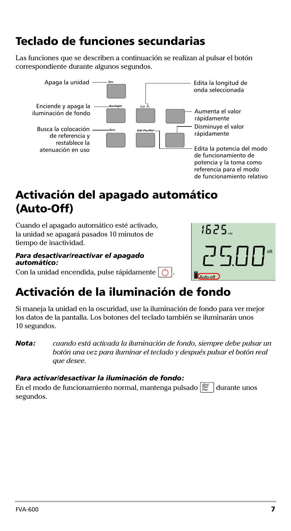 Teclado de funciones secundarias, Activación del apagado automático (auto-off), Activación de la iluminación de fondo | EXFO FVA-600 User Manual | Page 119 / 215