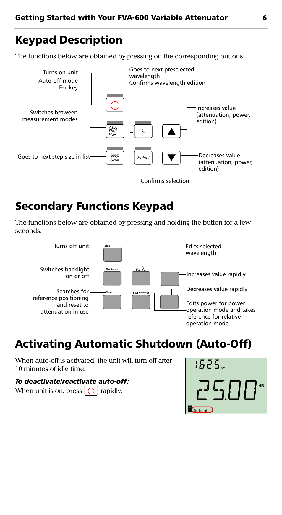 Keypad description, Secondary functions keypad, Activating automatic shutdown (auto-off) | EXFO FVA-600 User Manual | Page 12 / 215