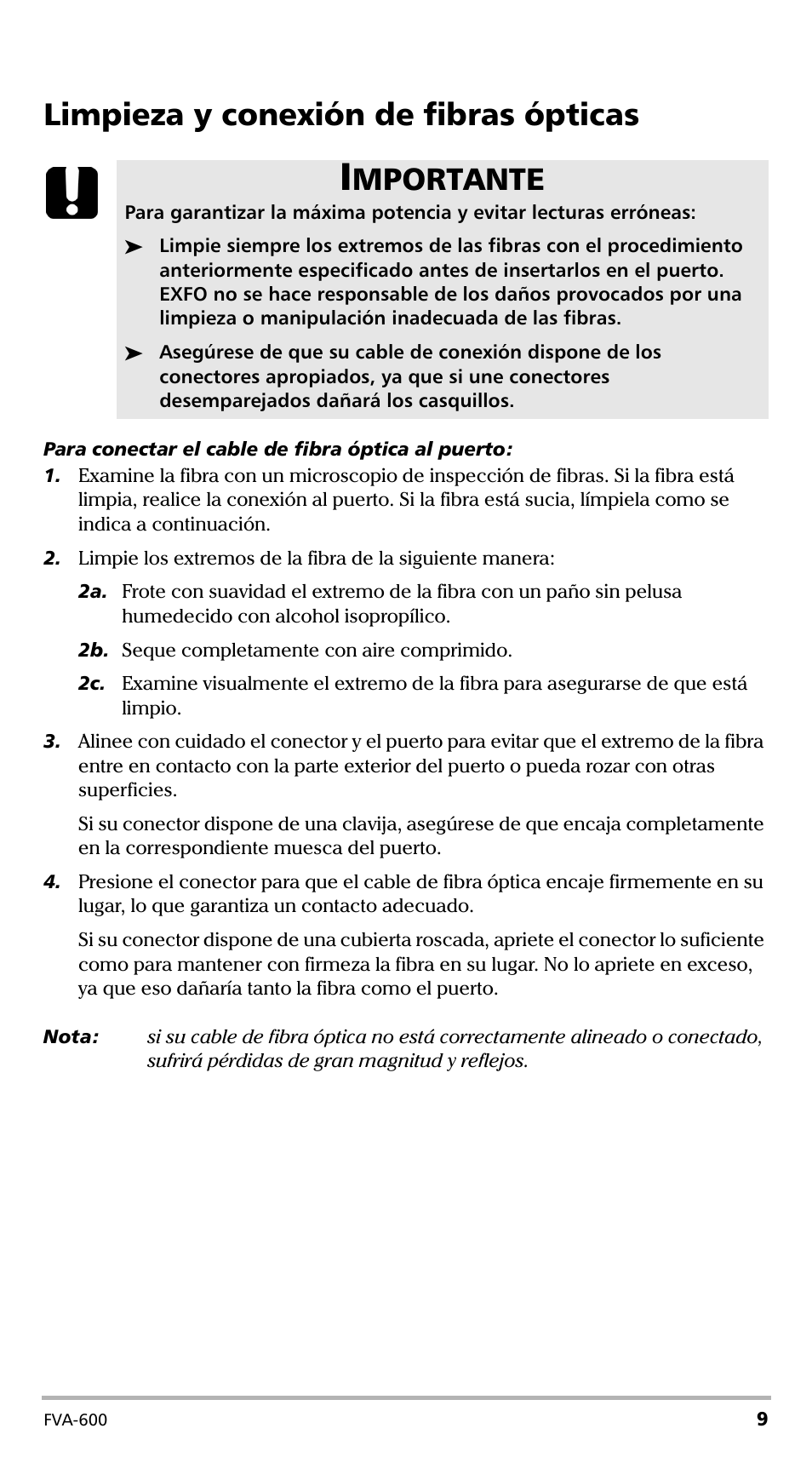 Limpieza y conexión de fibras ópticas, Mportante | EXFO FVA-600 User Manual | Page 121 / 215