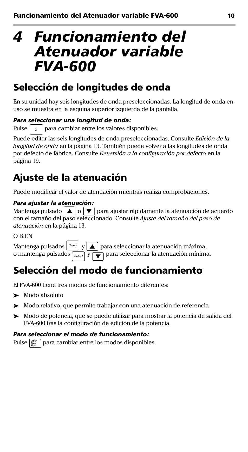 4 funcionamiento del atenuador variable fva-600, Selección de longitudes de onda, Ajuste de la atenuación | Selección del modo de funcionamiento | EXFO FVA-600 User Manual | Page 122 / 215