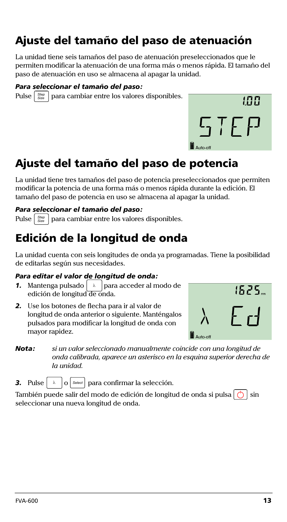 Ajuste del tamaño del paso de atenuación, Ajuste del tamaño del paso de potencia, Edición de la longitud de onda | EXFO FVA-600 User Manual | Page 125 / 215