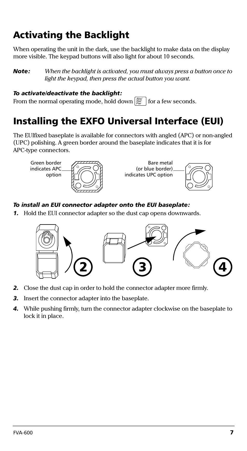 Activating the backlight, Installing the exfo universal interface (eui) | EXFO FVA-600 User Manual | Page 13 / 215