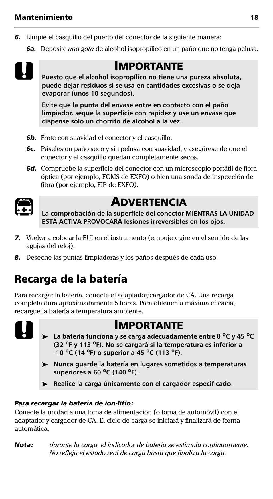 Recarga de la batería, Mportante, Dvertencia | EXFO FVA-600 User Manual | Page 130 / 215
