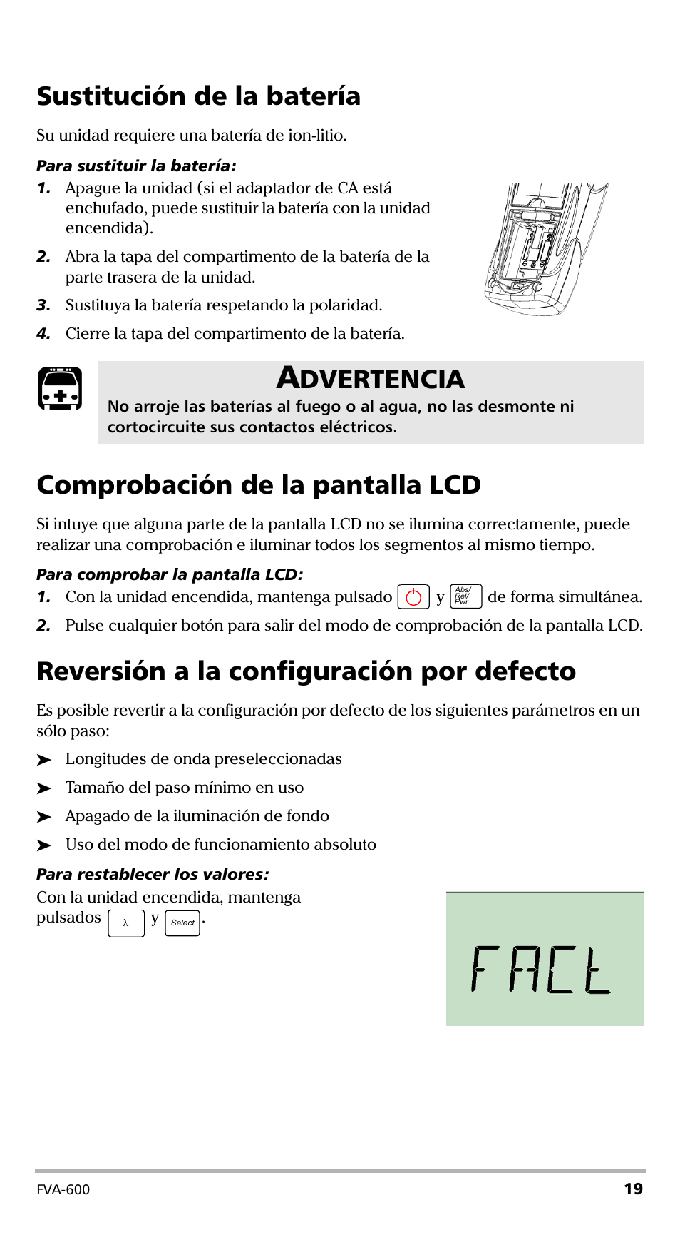 Sustitución de la batería, Comprobación de la pantalla lcd, Reversión a la configuración por defecto | Dvertencia | EXFO FVA-600 User Manual | Page 131 / 215