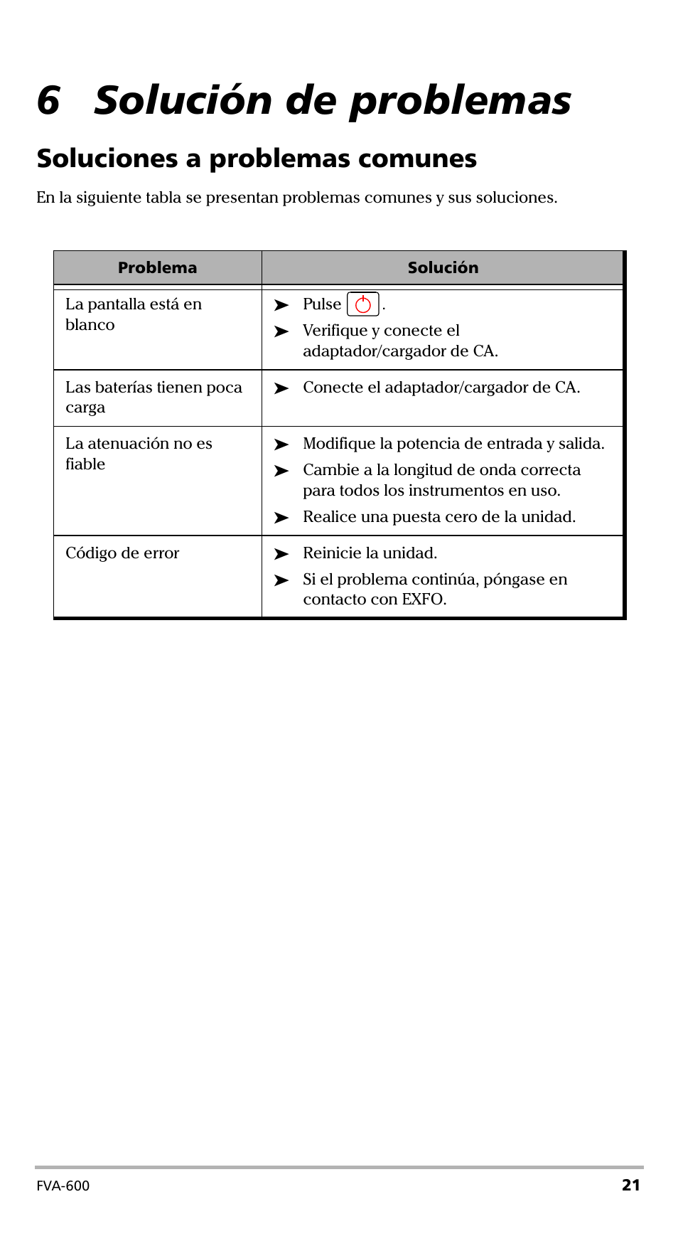 6 solución de problemas, Soluciones a problemas comunes | EXFO FVA-600 User Manual | Page 133 / 215