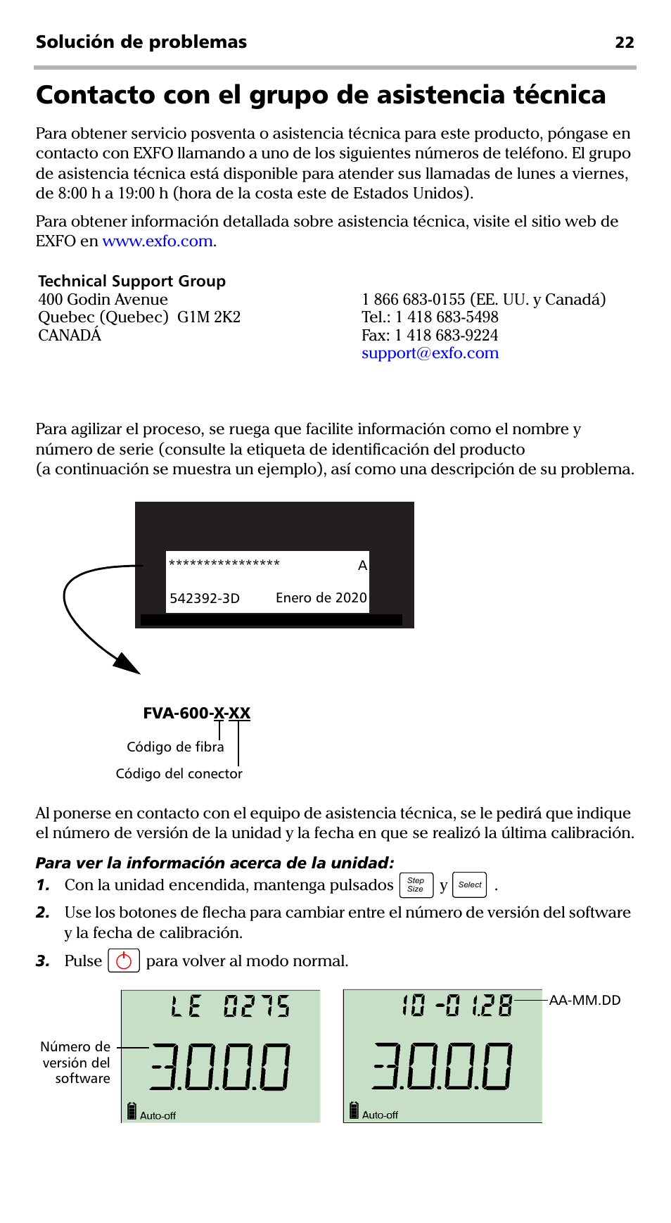 Contacto con el grupo de asistencia técnica, Solución de problemas | EXFO FVA-600 User Manual | Page 134 / 215