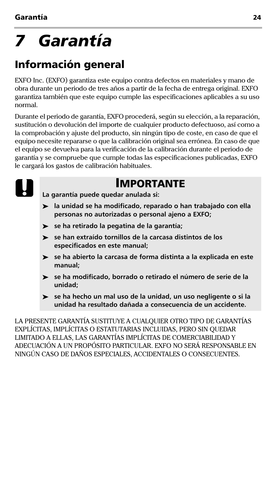 7 garantía, Información general, Mportante | EXFO FVA-600 User Manual | Page 136 / 215