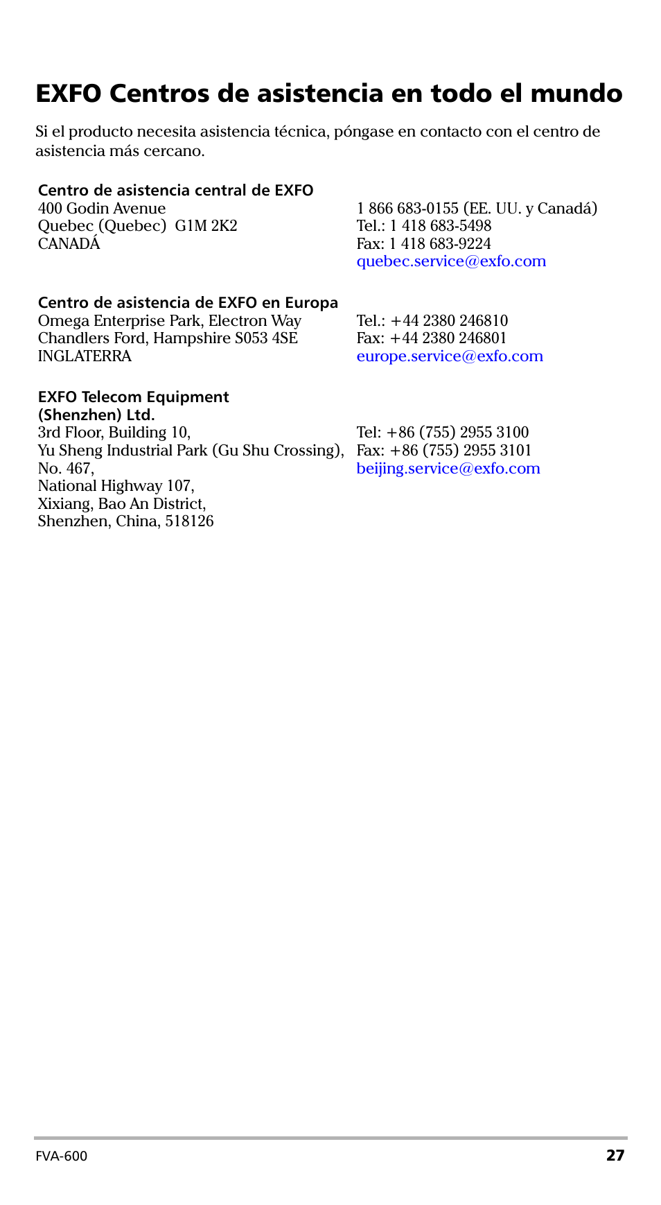 Exfo centros de asistencia en todo el mundo | EXFO FVA-600 User Manual | Page 139 / 215