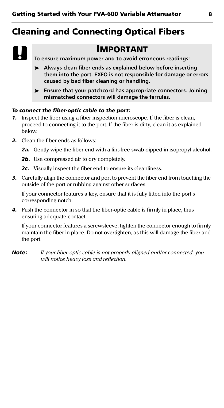 Cleaning and connecting optical fibers, Mportant | EXFO FVA-600 User Manual | Page 14 / 215