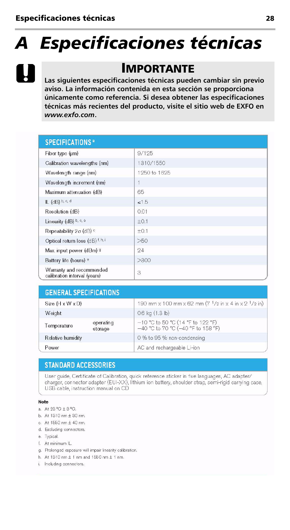 A especificaciones técnicas | EXFO FVA-600 User Manual | Page 140 / 215