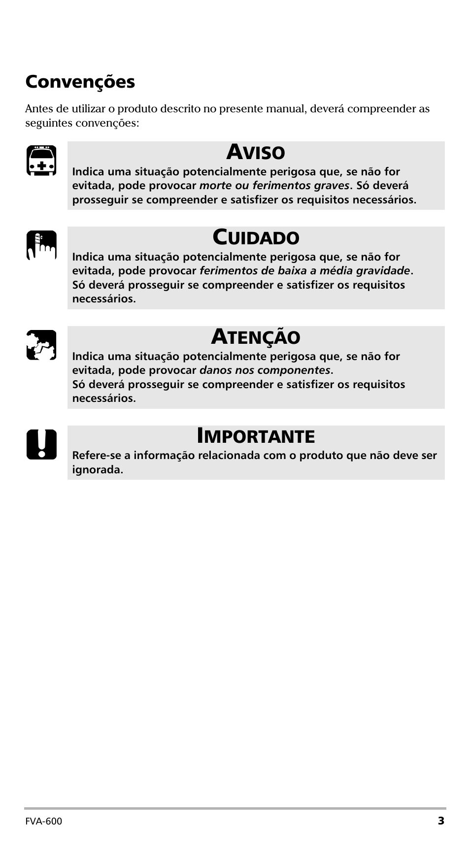 Convenções, Viso, Uidado | Tenção, Mportante | EXFO FVA-600 User Manual | Page 151 / 215