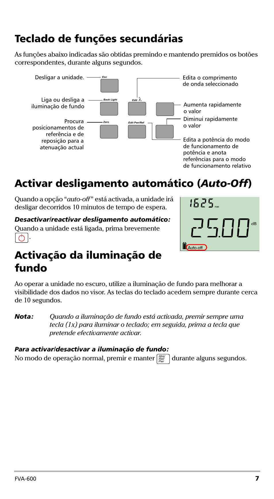 Teclado de funções secundárias, Activar desligamento automático (auto-off), Activação da iluminação de fundo | Activar desligamento automático ( auto-off ) | EXFO FVA-600 User Manual | Page 155 / 215