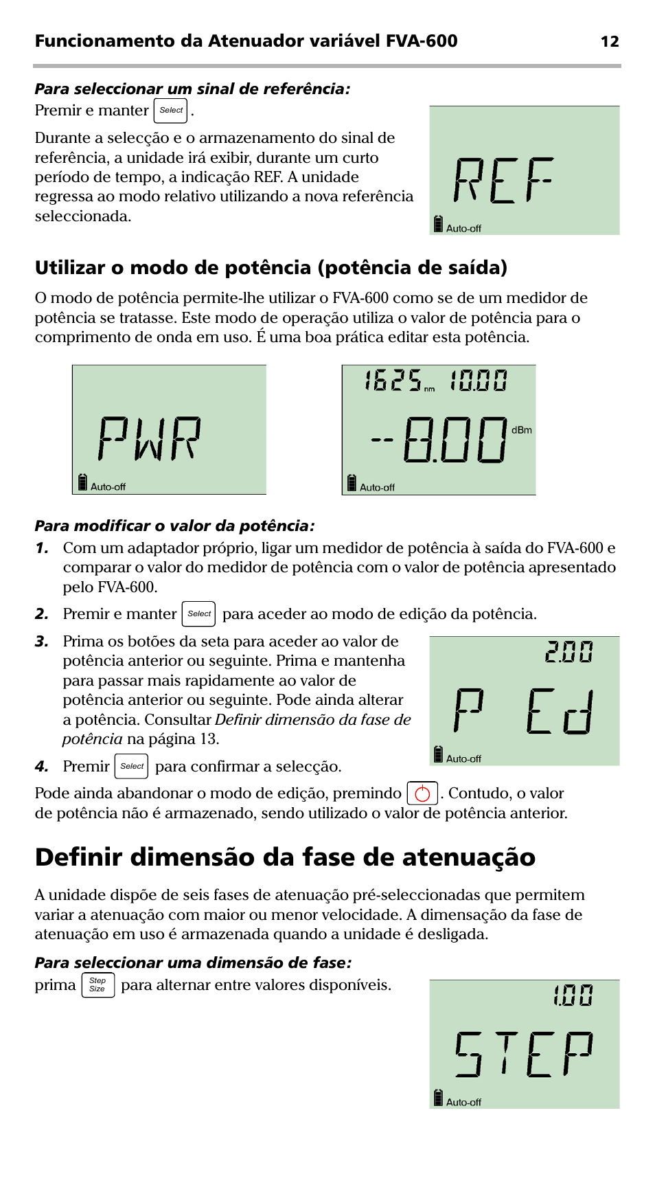 Definir dimensão da fase de atenuação, Definir dimensão da fase de potência, Utilizar o modo de potência (potência de saída) | Funcionamento da atenuador variável fva-600 | EXFO FVA-600 User Manual | Page 160 / 215
