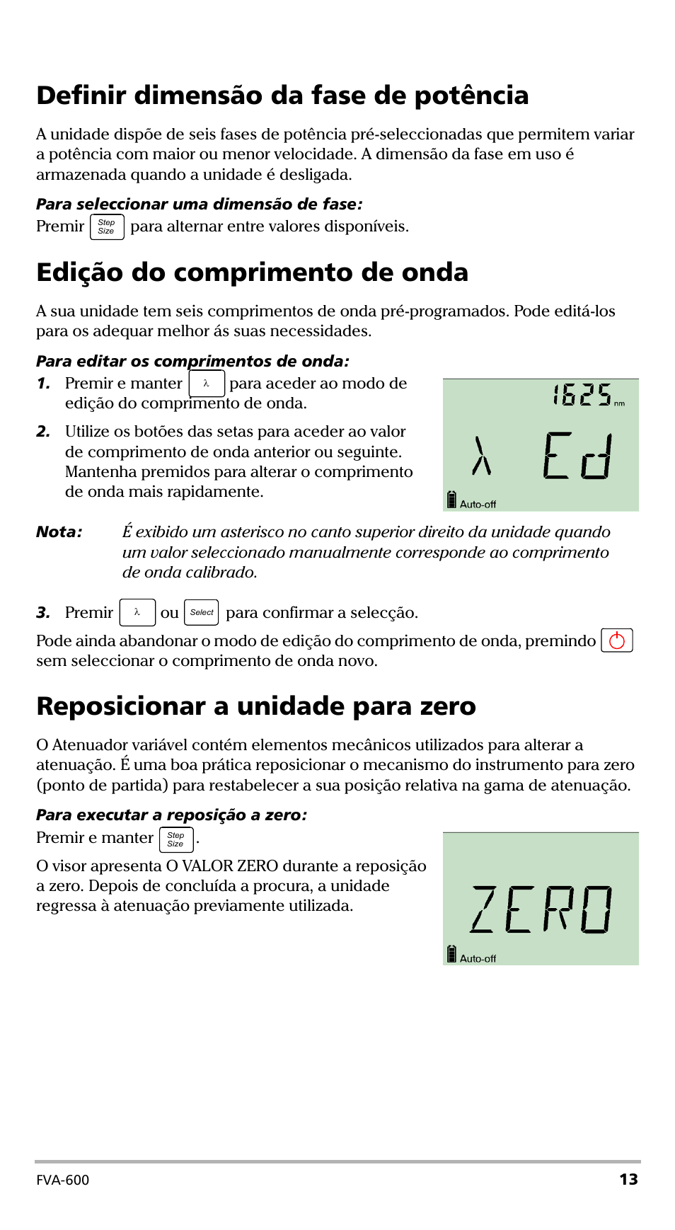 Edição do comprimento de onda, Reposicionar a unidade para zero, Definir dimensão da fase de potência | EXFO FVA-600 User Manual | Page 161 / 215