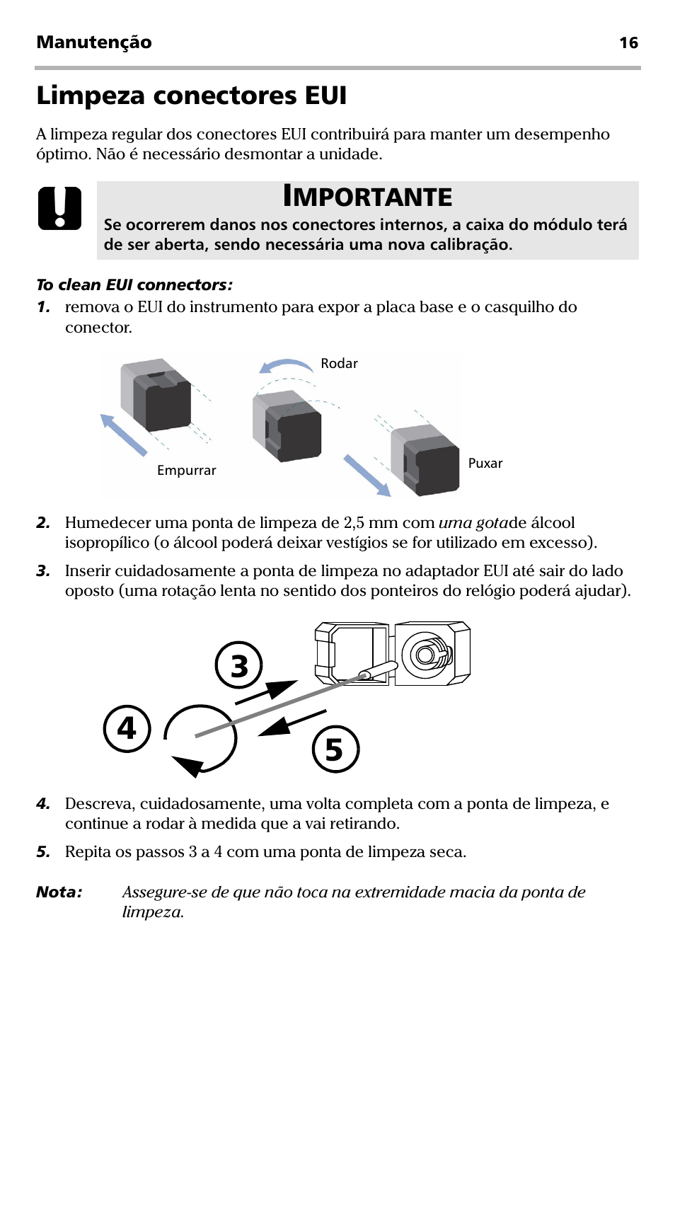 Limpeza conectores eui, Mportante | EXFO FVA-600 User Manual | Page 164 / 215