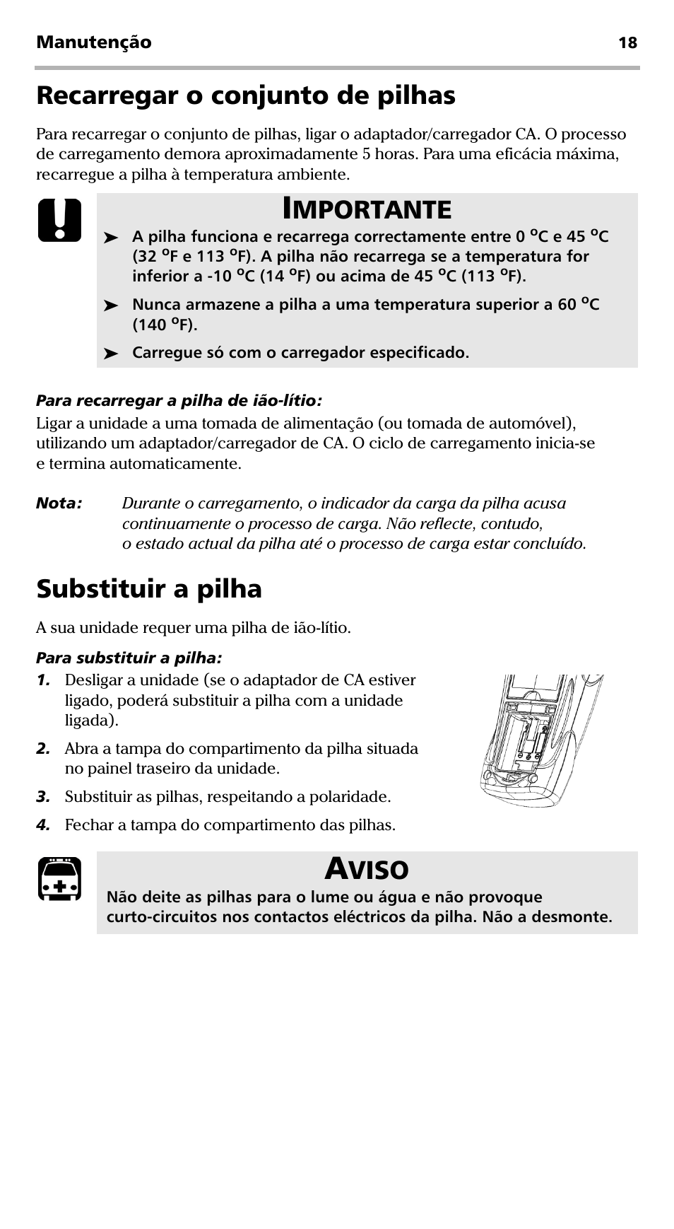 Recarregar o conjunto de pilhas, Substituir a pilha, Recarregar o conjunto de pilhas substituir a pilha | Mportante, Viso | EXFO FVA-600 User Manual | Page 166 / 215