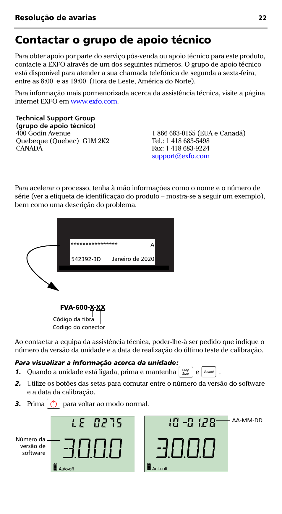 Contactar o grupo de apoio técnico, Resolução de avarias | EXFO FVA-600 User Manual | Page 170 / 215